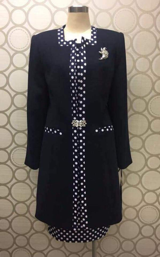 Ladies Navy Blue 2-Piece Polka Dot Suit